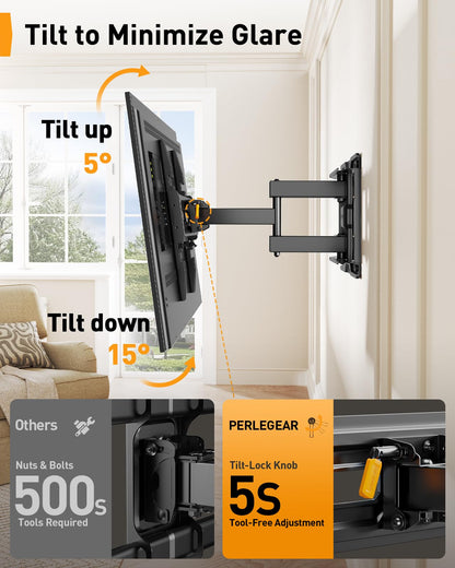 Perlegear Full Motion TV Wall Mount for 26-74 inch TVs, Height Adjustable TV Mount, Pre-Assembled Wall Mount TV Bracket with Tool-Free Tilt, Swivel, Fits 16” Studs, 99 lbs, Max VESA 400x400mm, PGMF21