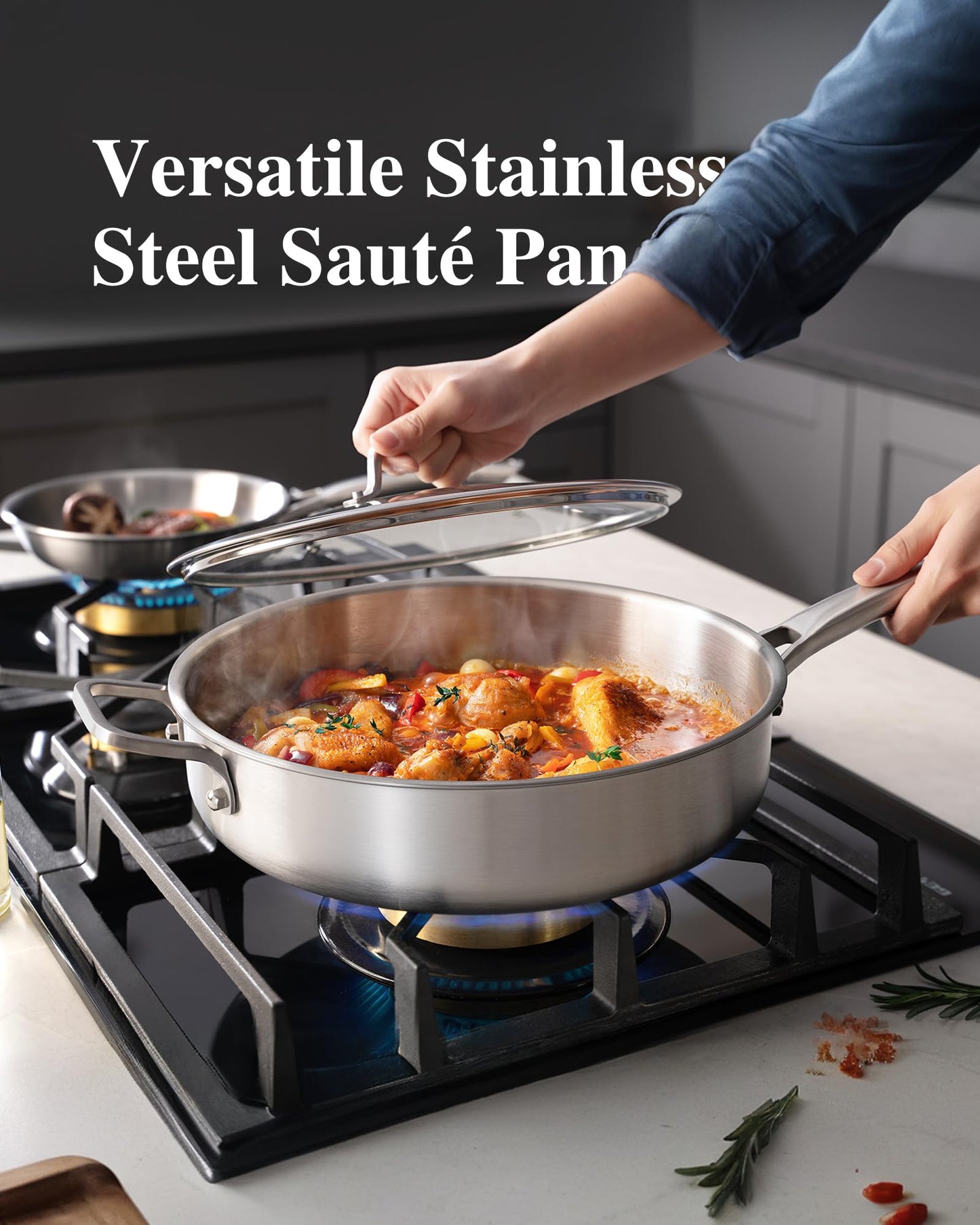 VocVoi 6-Quart Stainless Steel Saute Pan with Lid, 12-Inch Skillet, Dishwasher & Oven Safe, Works on All Cooktops