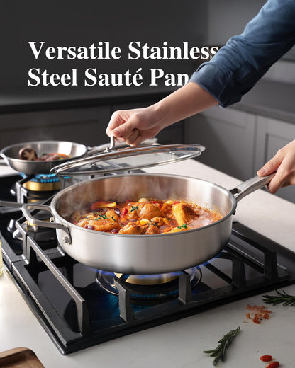 VocVoi 6-Quart Stainless Steel Saute Pan with Lid, 12-Inch Skillet, Dishwasher & Oven Safe, Works on All Cooktops