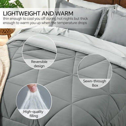 BEDELITE Queen Comforter Set - 7-Piece Reversible Grey Microfiber Bedding Set for Year-Round Comfort