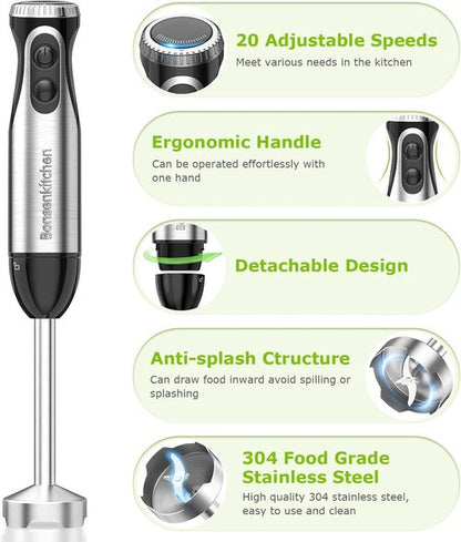Bonsenkitchen Handheld Immersion Blender - 20-Speed Turbo Mode, 500W Stainless Steel | Perfect for Soup, Smoothies, Purees