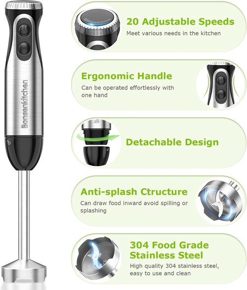 Bonsenkitchen Immersion Hand Blender - 20-Speed Turbo Mode, 500W Stainless Steel | Perfect for Soup, Smoothies, Purees