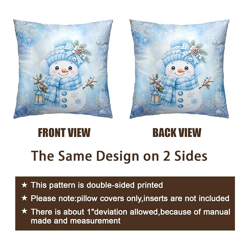 Blue Snowman Pillow Covers 18x18 Pack of 2 – Winter Snowflake Decorative Pillowcase