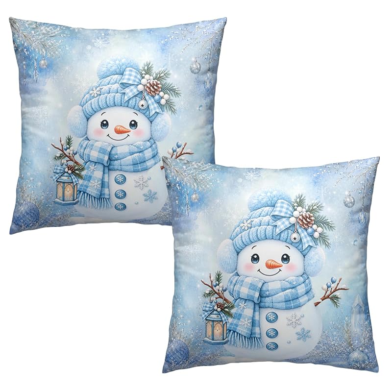 Blue Snowman Pillow Covers 18x18 Pack of 2 – Winter Snowflake Decorative Pillowcase