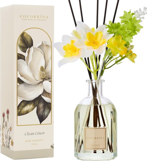 COCORRÍNA Reed Diffuser - Clean Linen Scent | 8.5 Fl. Oz. (250ml) Floral Home Decor with 8 Sticks