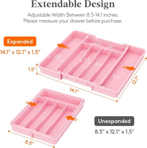 Lifewit Expandable Silverware Organizer - BPA-Free Utensil Tray for Kitchen | Adjustable 8.5"-14.1" x 12.1", Pink