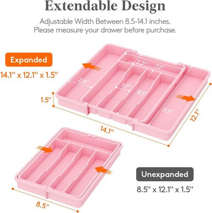 Lifewit Expandable Silverware Organizer - BPA-Free Utensil Tray for Kitchen | Adjustable 8.5"-14.1" x 12.1", Pink
