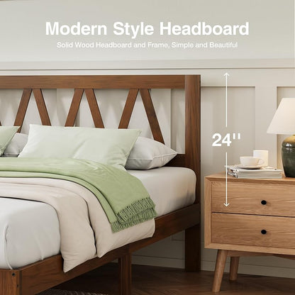 Walnut 12 Inch Queen Bed Frame with Headboard – Solid Wood, No Box Spring Required, Easy Assembly