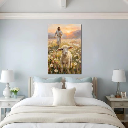 SIXWOOD Canvas Wall Art - Jesus Seeking Lost Sheep | Framed Christian Decor for Living Room, 12x16 in