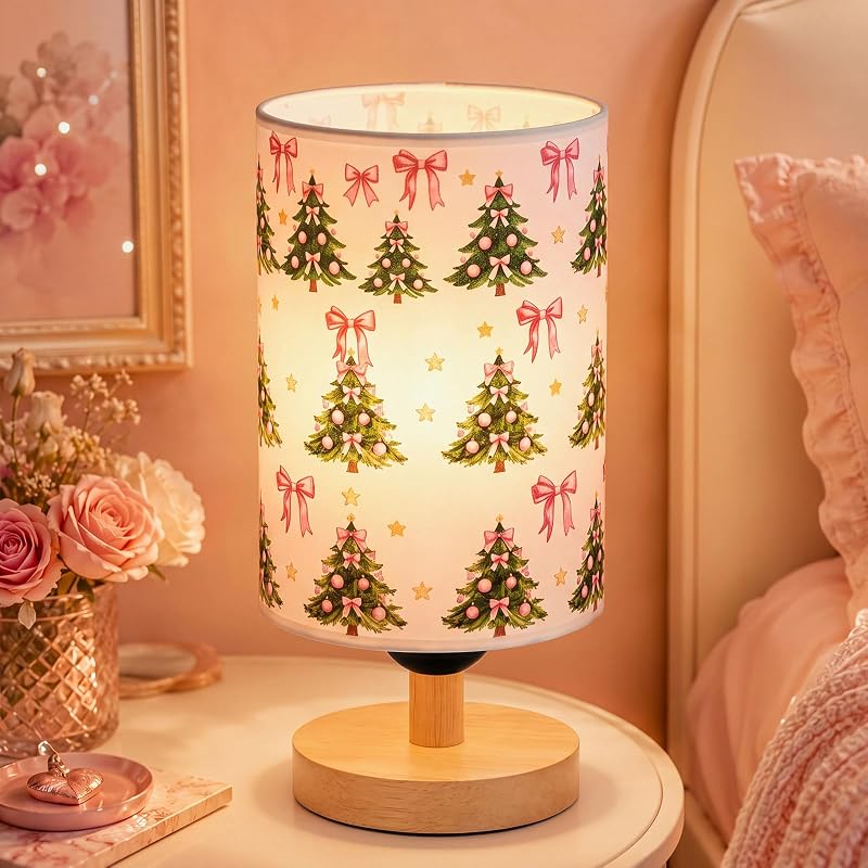 Christmas Table Lamp with Fabric Lampshade - Coquette Tree Pattern