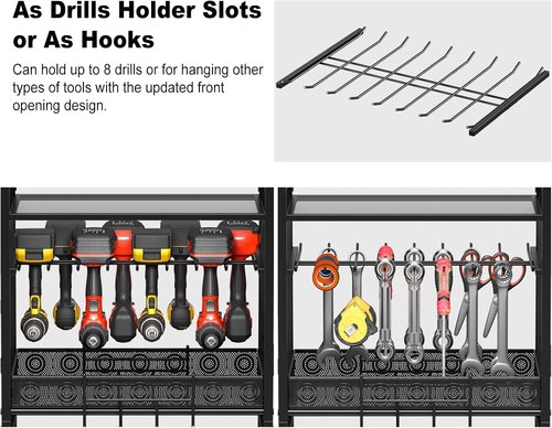 JUNNUJ Power Tool Organizer - Adjustable Floor Stand with Charging Station & 8 Outlet Power Strip | Heavy-Duty Black Utility Shelf