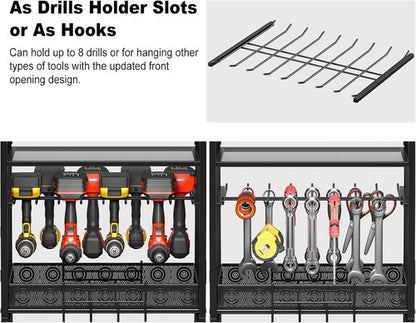 JUNNUJ Power Tool Organizer - Adjustable Floor Stand with Charging Station & 8 Outlet Power Strip | Heavy-Duty Black Utility Shelf