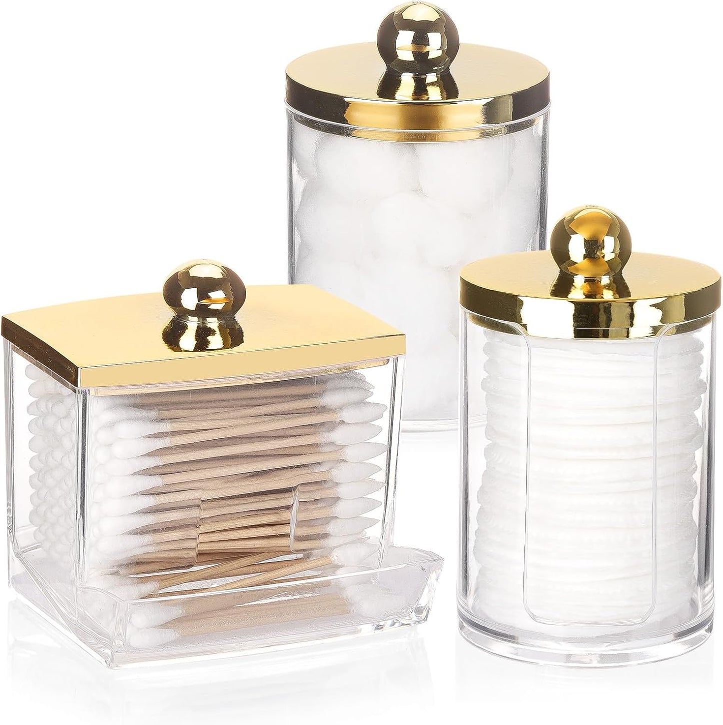 Tbestmax Qtip Dispenser - Elegant Bathroom Organizer with Gold Lids for Cotton Balls & Swabs | 3 Pack