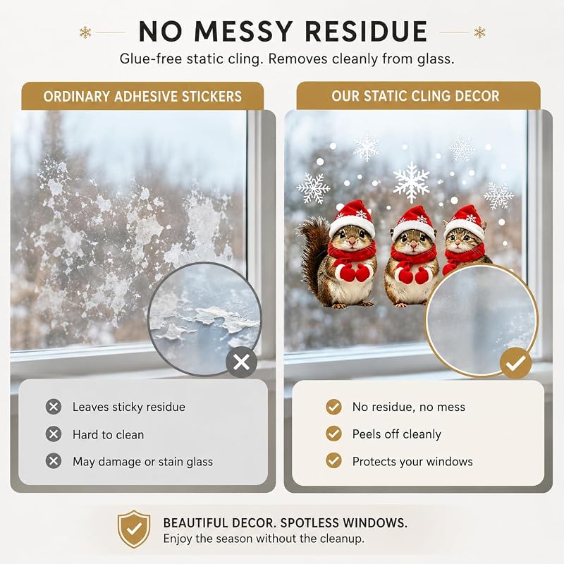 Christmas Window Cling Squirrel and Feline Static Decal - Variation C