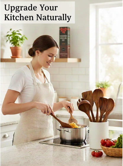 Skiennix 8-Piece Natural Teak Wood Utensil Set - Eco-Friendly Nonstick Cooking Spoons & Spatulas