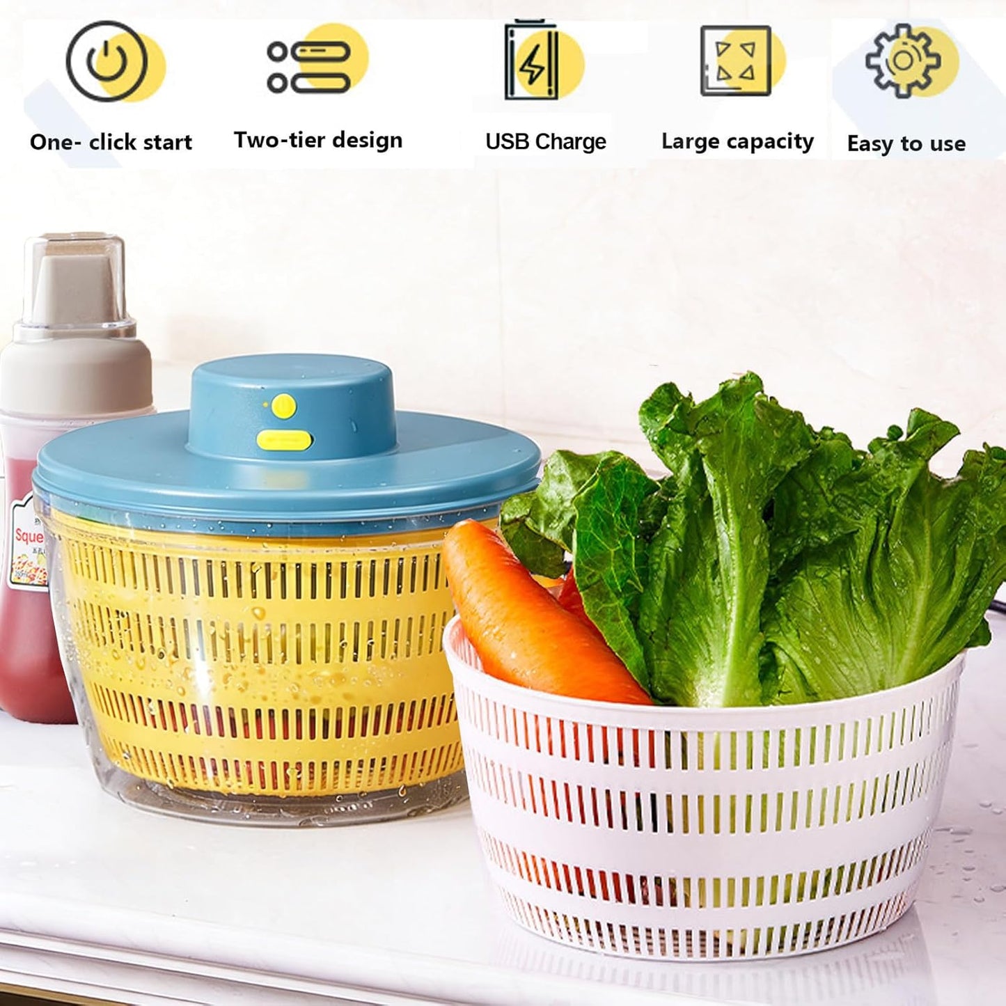 Skiennix Large Salad Spinner - 3-in-1 Vegetable Wash Bowl & Lettuce Cleaner | 4.22Qt Quick Drainage Mixer