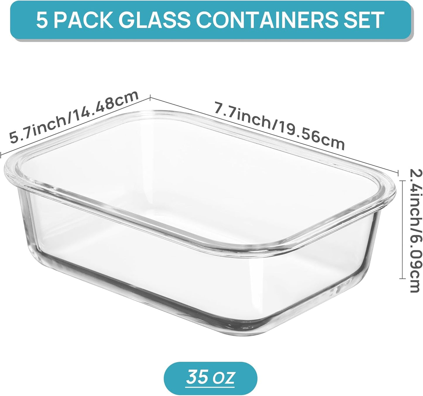 Vtopmart 35oz Glass Food Storage Containers - Airtight Meal Prep Set | 5 Pack, Safe for Oven & Microwave, Grey