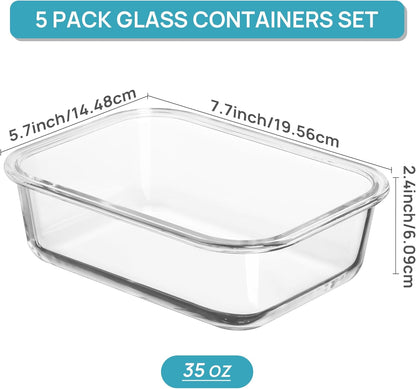 Vtopmart 35oz Glass Food Storage Containers - Airtight Meal Prep Set | 5 Pack, Safe for Oven & Microwave, Grey