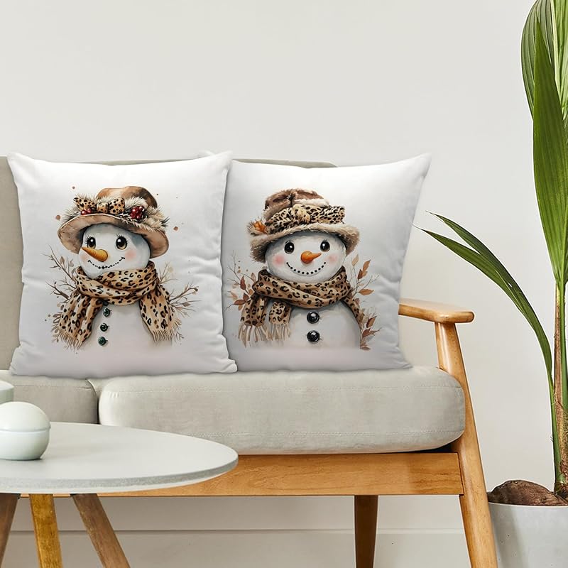 Leopard Snowman Pillow Covers 18x18 (Set of 2) - Xmas Rustic Decor, Flannel