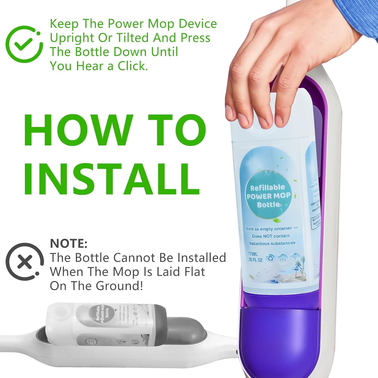 PowerMop Refillable Bottle - 26 FL OZ Leak-Proof HDPE Container with 5 Silicone Gaskets & Funnel