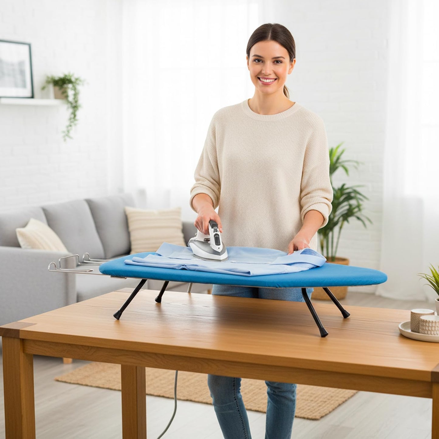 Skiennix Metal Mesh Panel Ironing Board - Foldable Heavy-Duty Design with Heat-Resistant Cover & 100% Cotton Pad (Blue)