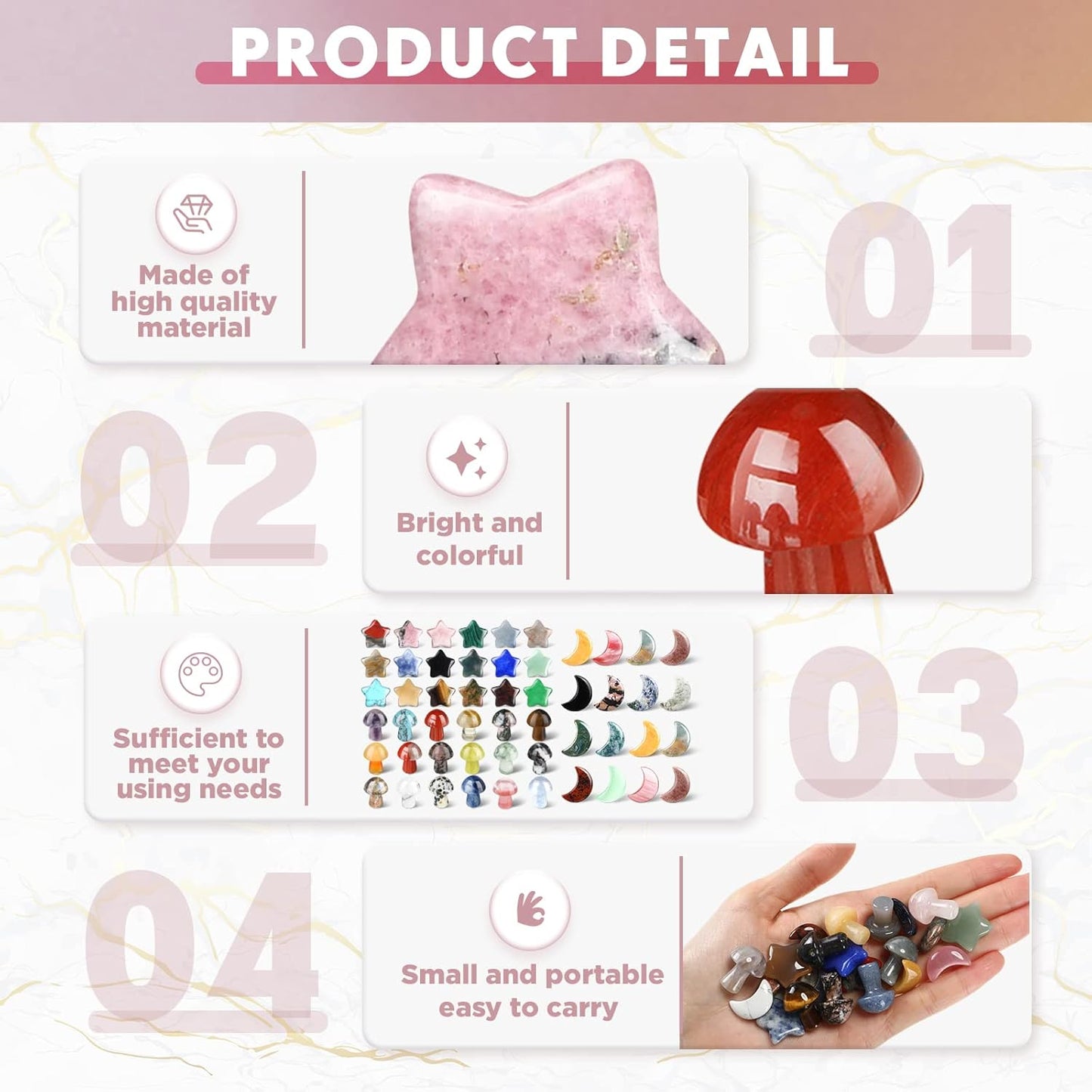 Nuenen Worry Stones Set - 54 Mushroom, Moon & Star Shaped Crystal Thumb Stones for Meditation | Elegant Decor