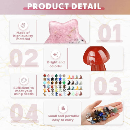 Nuenen Worry Stones Set - 54 Mushroom, Moon & Star Shaped Crystal Thumb Stones for Meditation | Elegant Decor