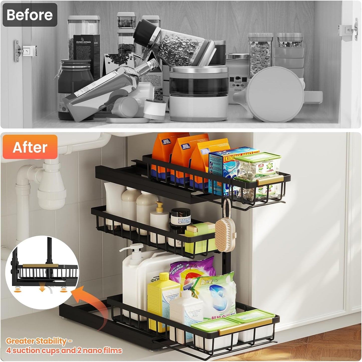 Under Sink Organizer by [Brand Name] - 3 Tier Pull Out Shelf Storage for Bathroom & Kitchen | 2 Pack