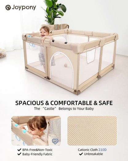 Joypony Baby Playpen - 50x50 Inch Indoor Play Yard with Gate & Soft Breathable Mesh (Beige)