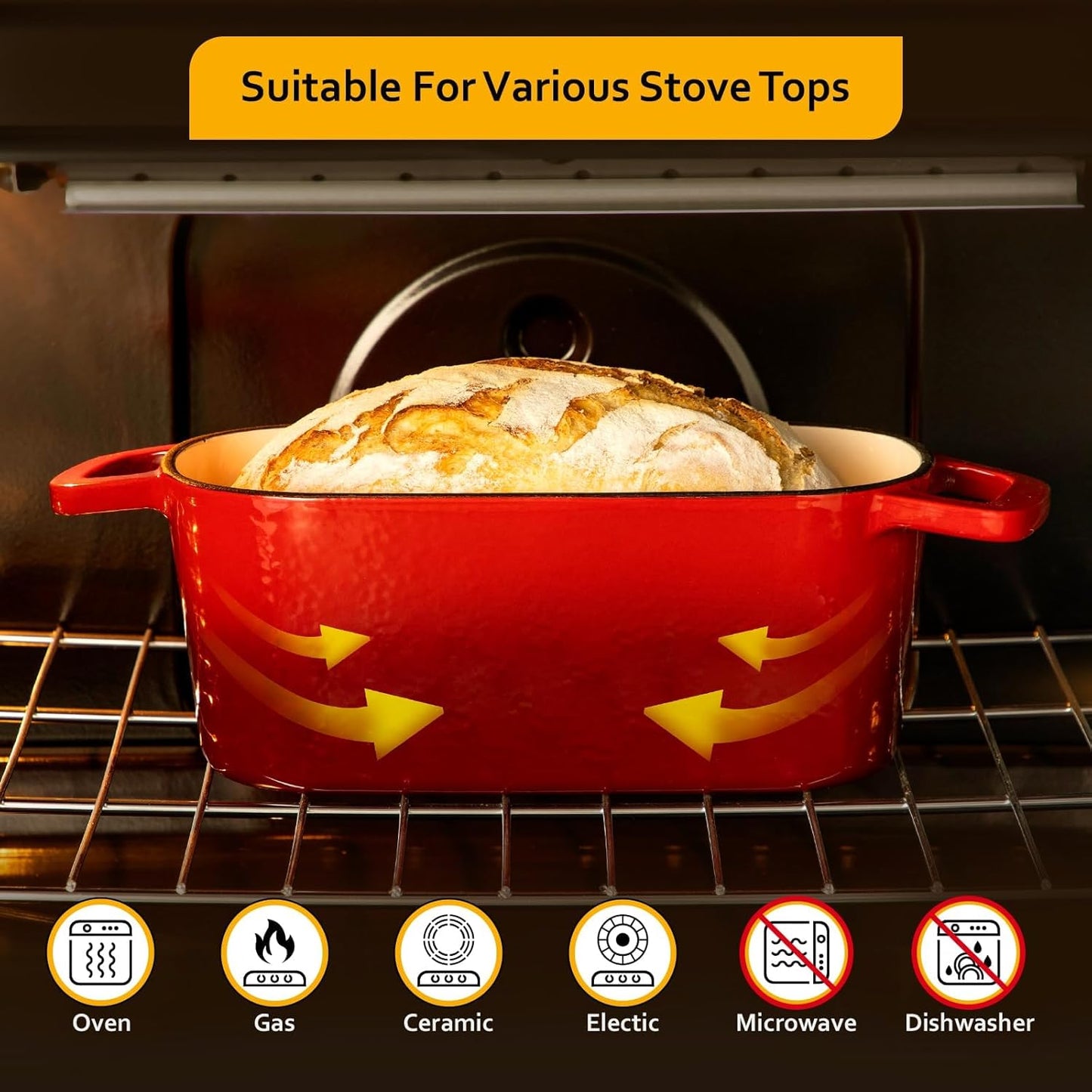 Velaze 3.6QT Dutch Oven - Enameled Cast Iron Bread Baking Pan with Lid & Offset Handles | Oven Safe to 500°F (Red)