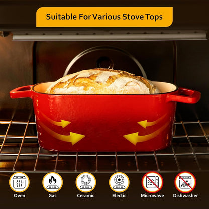 Velaze 3.6QT Dutch Oven - Enameled Cast Iron Bread Baking Pan with Lid & Offset Handles | Oven Safe to 500°F (Red)
