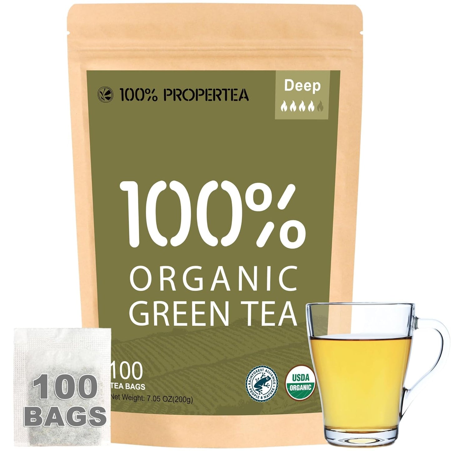 Propertea Organic Green Tea Bags - 100 Count Eco-Friendly, Caffeinated & Rich in Antioxidants | Hot or Iced