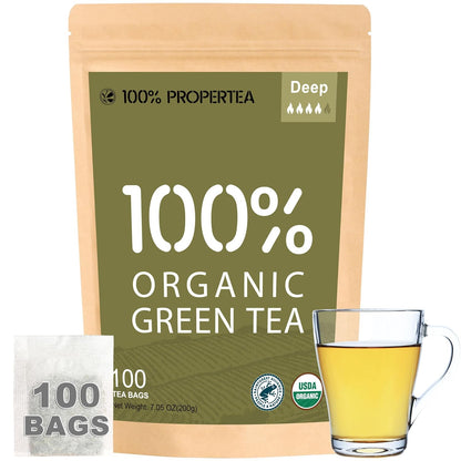 Propertea Organic Green Tea Bags - 100 Count Eco-Friendly, Caffeinated & Rich in Antioxidants | Hot or Iced