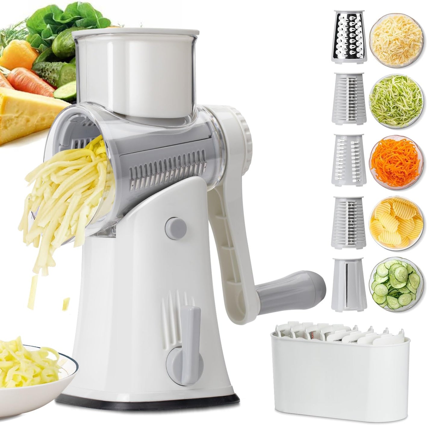 Rotary cheese grater - hand-cranked,5in1 washable & easy to clean - perfect for chefs, cuts cheese, veggies, fruits, nuts, crackers - upgraded model with strong suction-Hand Crank Cheese Grater