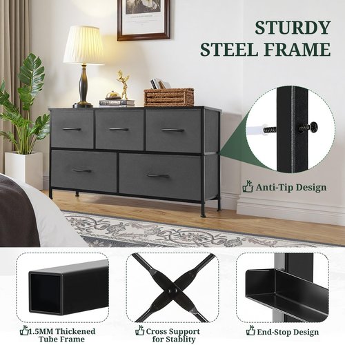 5-Drawer Dresser for Bedroom, Anti-Tip Wide Storage Organizer Fabric Chest of Drawers TV Stand for 45" TV with Wooden Top and Metal Frame for Closet, Living Room, Hallway, Entryway, Gray