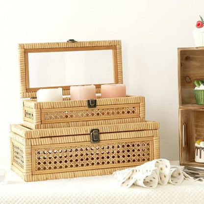 DECOR4SEASON Rattan Stacking Boxes with Glass Top Lid - Set of 2 for Boho Rustic Farmhouse Decor