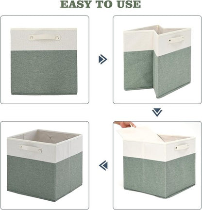 FinishingBo Storage Bins - 13x13 Inch Fine Linen Fabric Cube Organizers with Handles | White/Green - 4 Pack