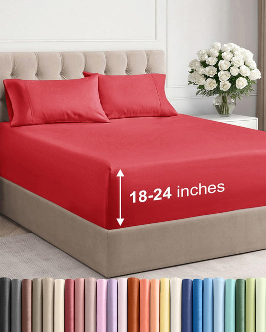 Skiennix Extra Deep Twin XL Sheet Set - 4 Piece Cooling Bedding - Soft, Wrinkle-Free Red Sheets for Ultimate Comfort