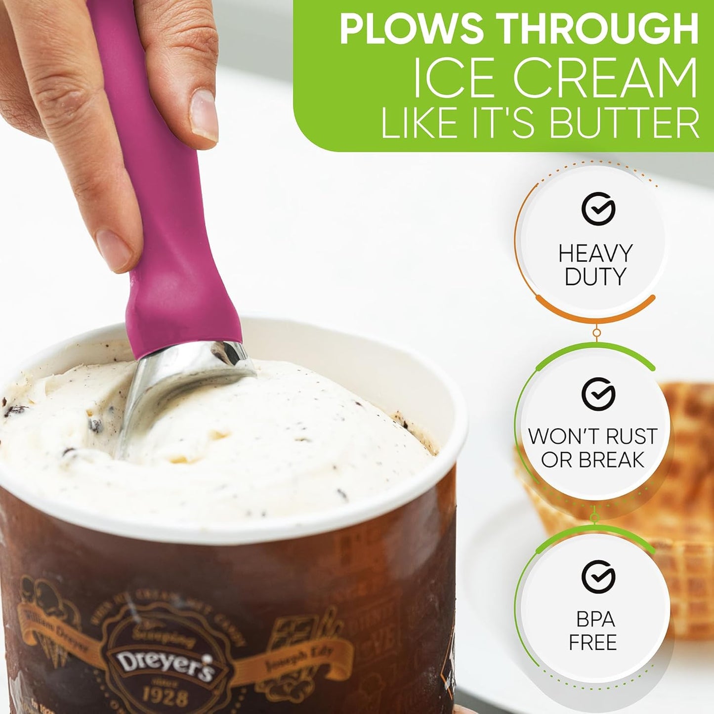 Spring Chef Heavy Duty Ice Cream Scoop - Non-Slip Handle for Gelato, Sorbet & More | Dishwasher Safe - Magenta