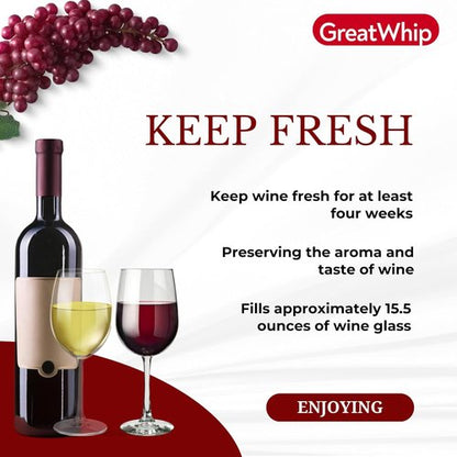 GreatWhip Argon Gas Capsules Compatible with Wine Preservation Systems (10 Packs) - Silver, Plastic, Cyclindrical Bottle Stopper for Wine Preservation