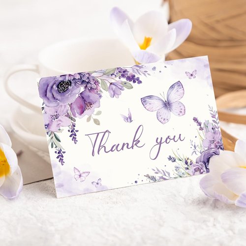 FYSUIMU Thank You Cards - 30 Pack Spring Floral Design with Lavender Butterflies | 4 x 6 Inch