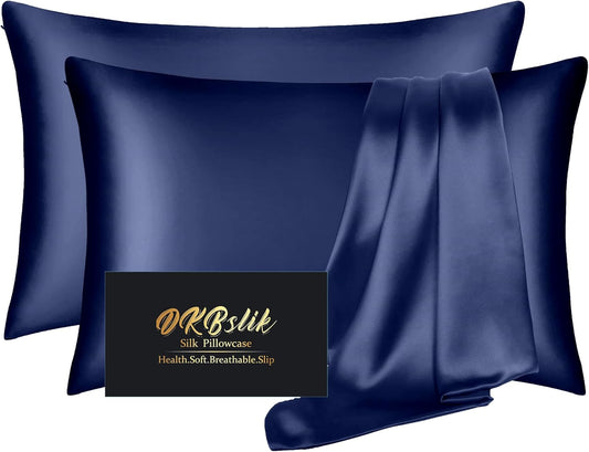 Skiennix Silk Pillowcases - 2 Pack Standard Set | Smooth, Anti-Acne, Natural Silk, Navy Blue