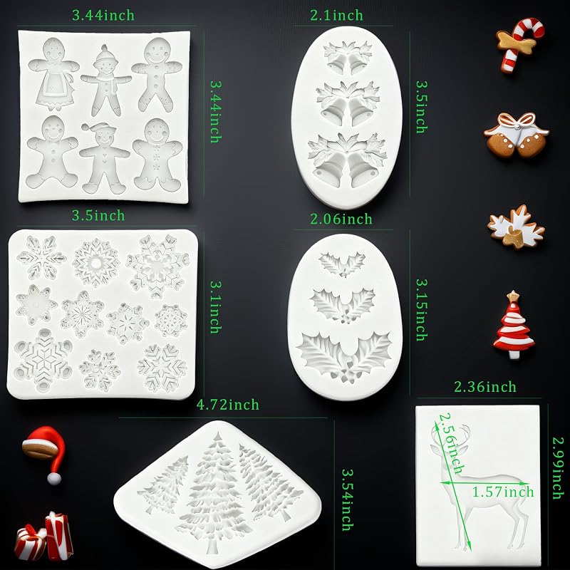 6Pcs Christmas Silicone Molds Set - Snowflake, Snowman, Santa, Reindeer, Tree, Holly (White) - Candy & Cake Decorating