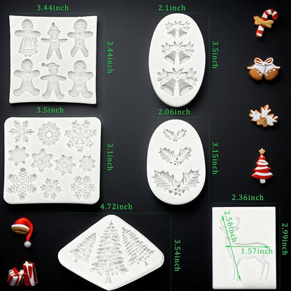 6Pcs Christmas Silicone Molds Set - Snowflake, Snowman, Santa, Reindeer, Tree, Holly (White) - Candy & Cake Decorating