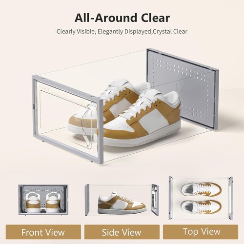 Kuject Shoe Storage Box - Large Stackable Organizer for Closet | 12 Pack Grey, Space-Saving Design