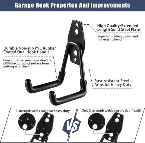 KOFANI Heavy Duty Garage Hooks - 12 Pack Anti-Slip Coating for Bikes, Ladders & Garden Tools