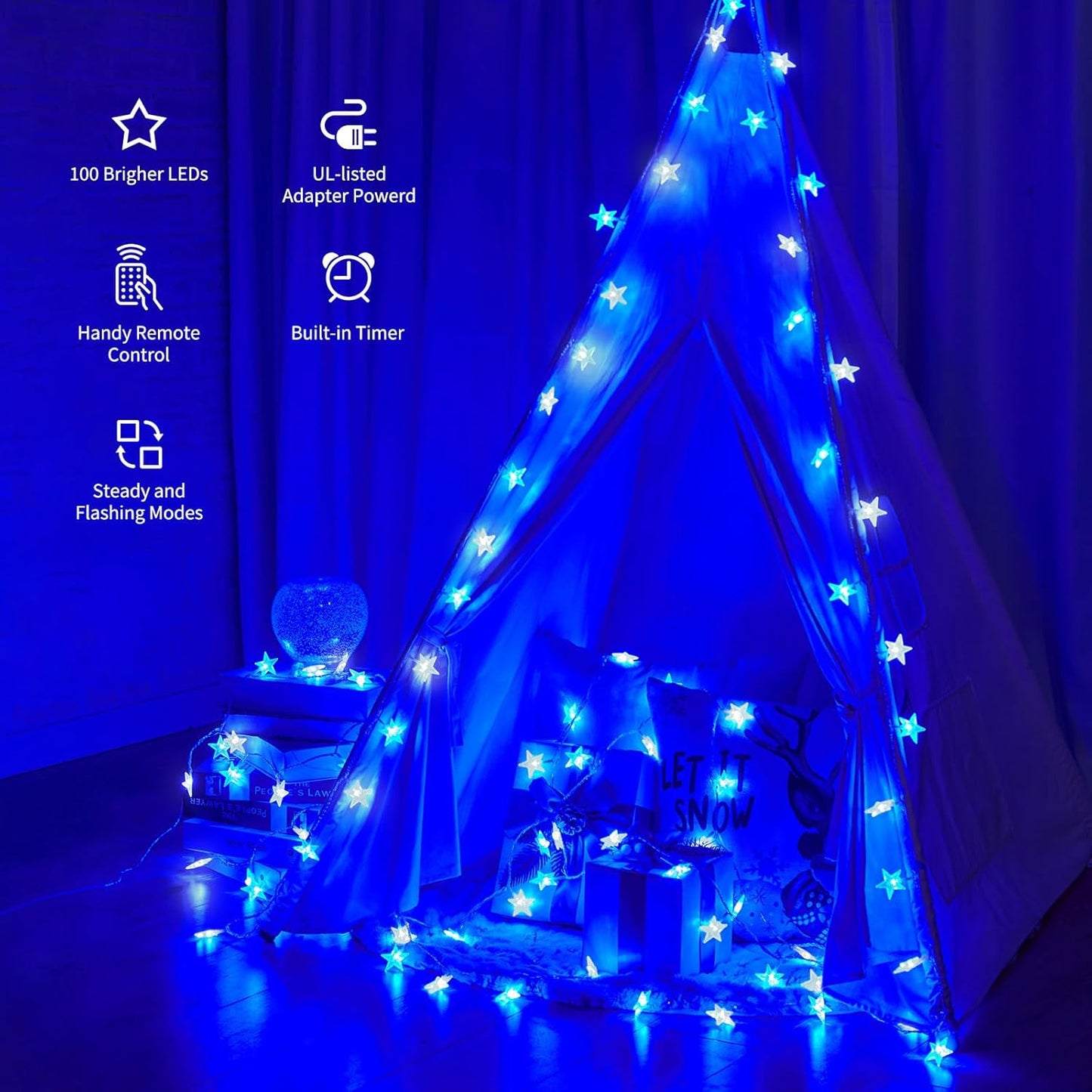 Minetom 33 ft Blue and White Star String Lights - 100 LED Fairy Lights with Remote, Timer & 8 Modes