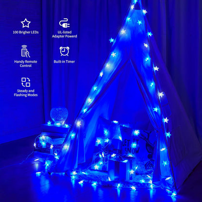 Minetom 33 ft Blue and White Star String Lights - 100 LED Fairy Lights with Remote, Timer & 8 Modes
