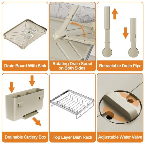 arshray Dish Drying Rack Kitchen 2-Tier 304 Stainless Steel Dish Racks for Kitchen Counter,Dish Strainer with 360°Draining Tray,Drying Rack with Water Cup Hook & Cutlery Holder,Grey