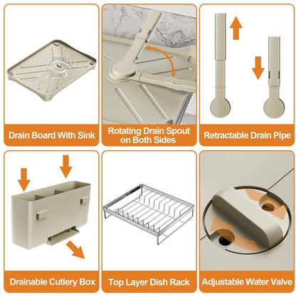 arshray Dish Drying Rack Kitchen 2-Tier 304 Stainless Steel Dish Racks for Kitchen Counter,Dish Strainer with 360°Draining Tray,Drying Rack with Water Cup Hook & Cutlery Holder,Grey